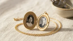 An open gold oval locket necklace showing two slots for personalized photos.