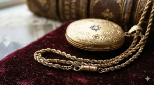 Macro shot of hand-engraved scrollwork on an authentic 19th-century gold antique locket.