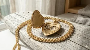 An artistic rendering of a heart-shaped large gold locket necklace with a polished mirror finish.