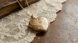 A romantic heart-shaped Victorian gold locket necklace crafted in rose gold with a small center diamond.