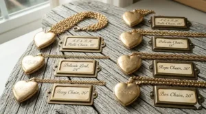 A diagram showing a large gold locket necklace on different chain lengths including princess and matinee styles.