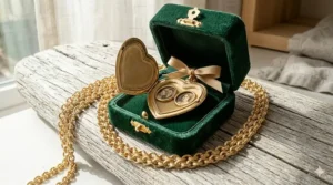 Illustration of a large gold locket necklace tucked inside a premium velvet jewelry gift box.