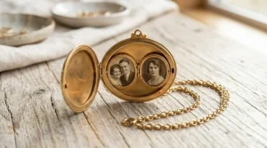 Illustration of a large gold locket necklace open to reveal two circular photo slots inside.