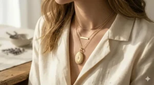 A layered jewelry look featuring a gold oval locket necklace and a shorter gold choker.