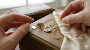 A small gold locket necklace dainty gold chain layered with a minimalist circular charm and a gold V-shaped necklace.