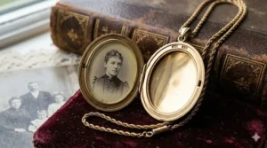 An open antique gold locket showing two oval slots for holding miniature family photographs.