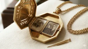 An open gold Art Deco locket necklace showing two photo slots with a polished interior finish.