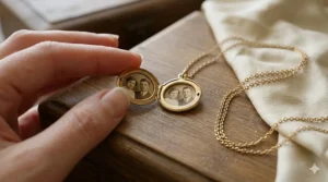 An open small gold locket necklace dainty style with two circular slots containing miniature vintage black and white portraits.