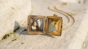 An open square gold locket necklace revealing two internal slots for small photographs.