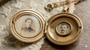 An open Victorian gold locket necklace showing two internal frames for holding vintage photographs.