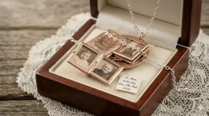A personalized 4 photo locket necklace packaged in a premium gift box, ideal for Mother's Day or anniversaries.