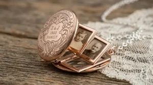 A heart-shaped 4 photo locket necklace in rose gold finish resting on a velvet jewelry box.