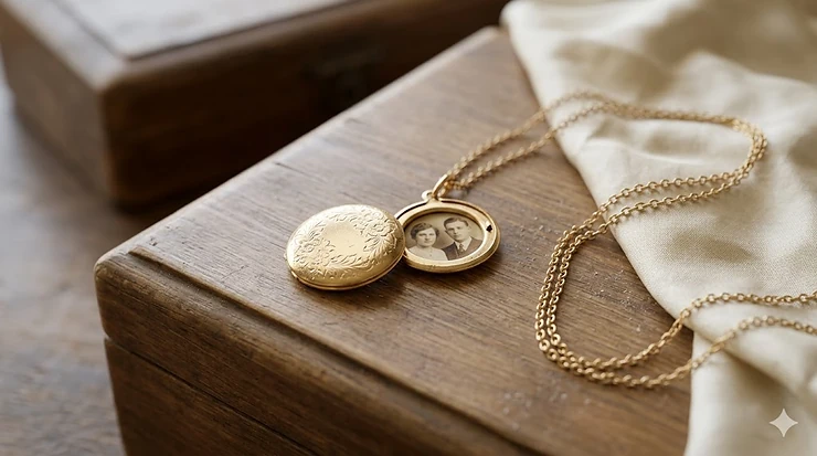 A small gold locket necklace dainty design with vintage floral engraving resting open on a wooden jewelry box to show internal photo slots.