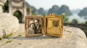 A luxury velvet jewelry box containing a square gold locket necklace ready for gifting.