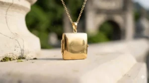 Close-up view of a square gold locket necklace showing a brushed matte finish and secure clasp.