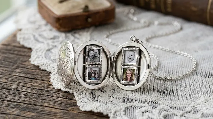 A vintage-style sterling silver locket necklace that opens to reveal four personalized family photos. 4 photo locket necklace