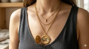 Fashion illustration showing how to style a large gold locket necklace by layering it with shorter gold chains.