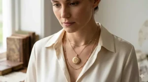 A woman wearing a layered Victorian gold locket necklace with a modern silk blouse for a contemporary vintage look.