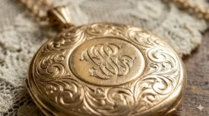Close-up detail of a 14k Victorian gold locket necklace featuring a hand-etched monogram and scrollwork.