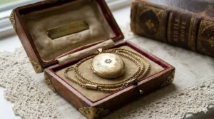 An antique-style gold locket necklace presented inside a silk-lined vintage jewelry gift box.