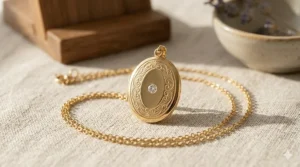 Close-up detail of a vintage style gold oval locket necklace with custom floral engraving.