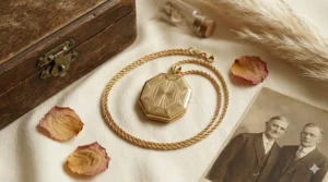 Flat lay photography of a gold Art Deco locket necklace arranged with vintage velvet ribbon and dried flowers.