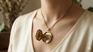 A woman wearing a gold Art Deco locket necklace styled with a modern black silk dress for a vintage aesthetic.