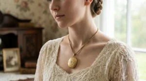 A woman wearing a layered vintage gold locket necklace over a cream-colored lace dress.