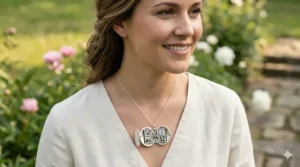 A woman wearing an elegant 4 photo locket necklace over a black sweater, showing the pendant size and scale.