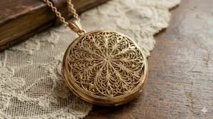 A yellow gold Victorian locket necklace featuring delicate filigree metalwork and a classic oval shape.