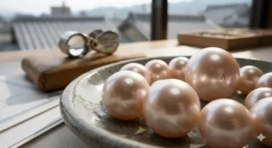 Macro photograph showcasing the sharp mirror-like luster and smooth surface of a certified Akoya pearl necklace.