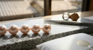 Side view showing perfectly matched round pearls and precision knotting on a certified Akoya pearl necklace.