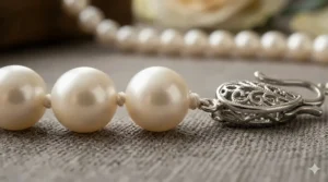 Close-up view of a classic single strand pearl necklace showing the high luster and smooth surface of Akoya pearls.