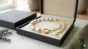 A luxury unboxing view of an asymmetrical pearl necklace with gold links resting inside an open, premium black jewelry gift box with "MUSE & SEA" gold foil branding.