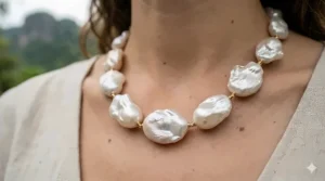 Detailed close-up of a baroque pearl necklace highlighting the organic shapes, iridescent luster, and natural surface imperfections of the pearls.