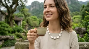A chic modern outfit paired with a statement baroque pearl necklace to demonstrate everyday styling.