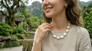 An infographic chart comparing chokers, princesses, and opera lengths for a baroque pearl necklace on a silhouette.