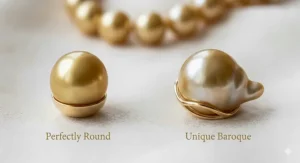 Side-by-side comparison of perfectly round and unique baroque golden South Sea pearl necklace styles.
