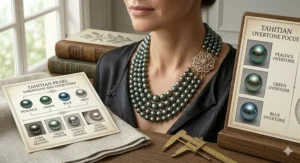 A luxury multi strand pearl necklace made of dark, iridescent black Tahitian pearls with green and peacock overtones.