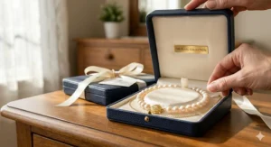 Luxury jewelry box opening to reveal a shimmering pearl necklace with a 14k gold safety clasp.