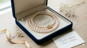A bride’s double strand pearl necklace draped over a white peony wedding bouquet.