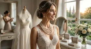 A bride from the back showing a multi strand pearl necklace draped elegantly over a low-cut wedding gown.