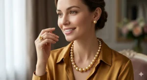 Elegant bridal jewelry set featuring a golden South Sea pearl necklace paired with matching stud earrings.