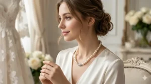 A bride wearing a classic single strand pearl necklace paired with a white silk wedding dress.