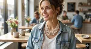 A chic, modern outfit featuring a multi strand pearl necklace paired with a simple white t-shirt and a denim jacket.