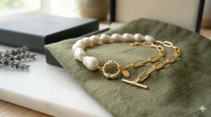 A styled product shot of a modern pearl and gold link necklace draped over a sage green linen cloth next to its premium black gift box and dried lavender sprigs.