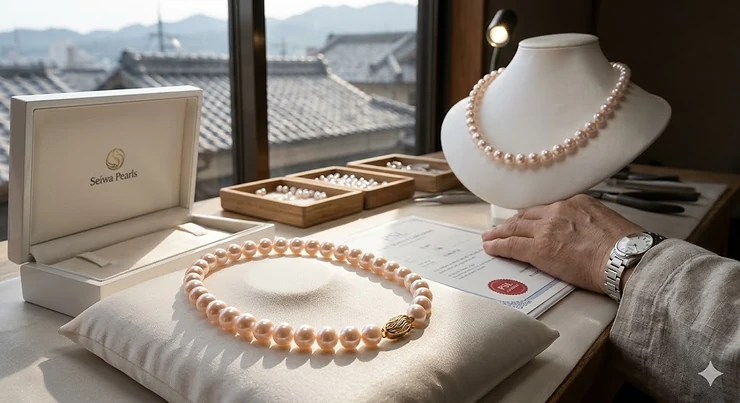 A classic 18-inch certified Akoya pearl necklace displayed with its official gemological certificate and luxury gift box.