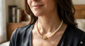 A woman wearing a classic round pearl necklace with a 14k gold clasp for an elegant evening look.