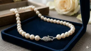 A classic single strand pearl necklace displayed inside a luxury velvet jewelry gift box.