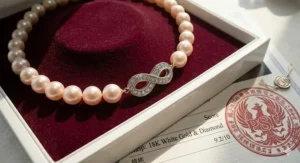 High-definition close-up of a unique 18k white gold infinity loop diamond clasp secure on a certified Akoya pearl necklace.